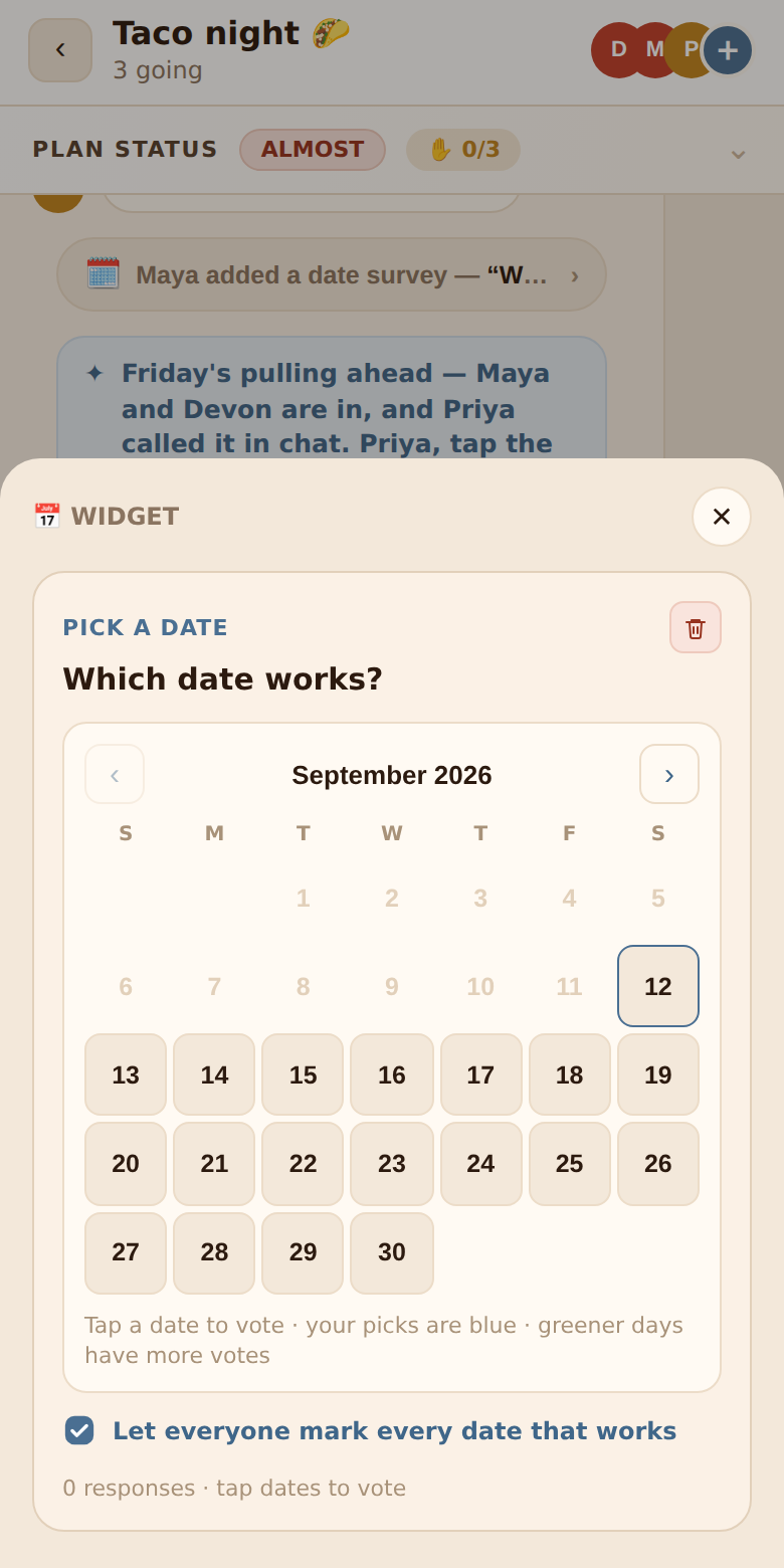 The calendar widget, labelled Pick a date, showing a month grid with past days greyed out and a Let everyone mark every date that works checkbox