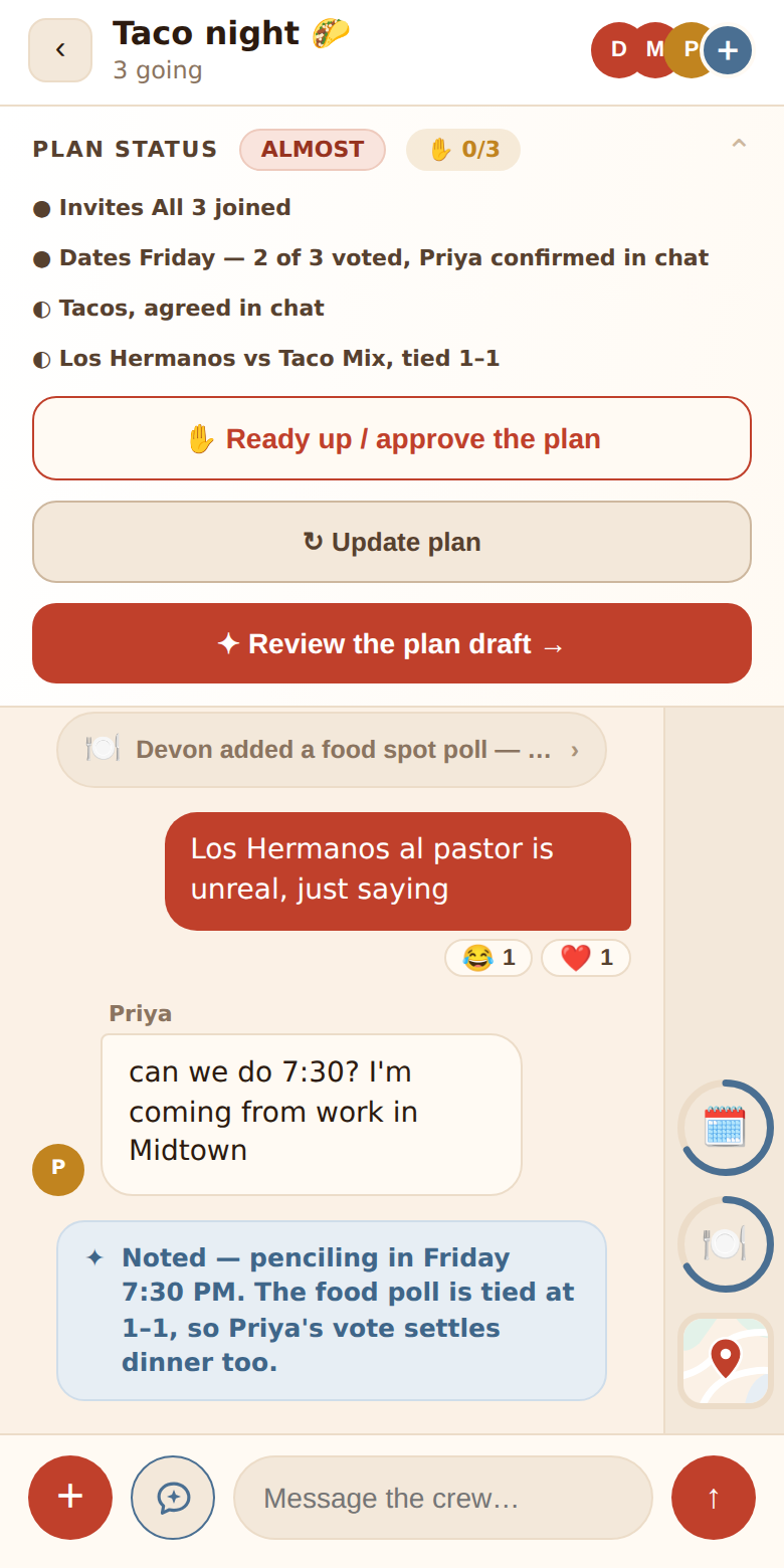 The plan status banner expanded: signals, Ready up, Update plan and Review the plan draft buttons