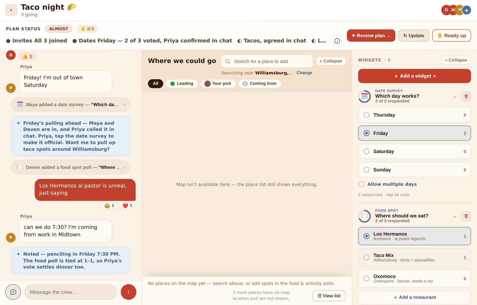 The wide layout: the thread on the left, the Where we could go map pane in the middle, and the widgets column on the right