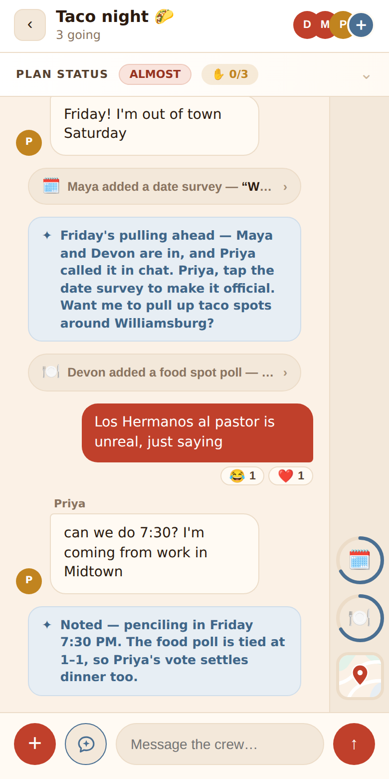 A phone chat: plan status strip, message bubbles, a Nova reply, widget notices, the widget rail and the composer