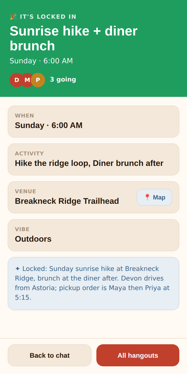 The confirmed screen: a green It's locked in banner, When, Activity, Venue with a Map link, Vibe, Nova's recap, Back to chat and All hangouts