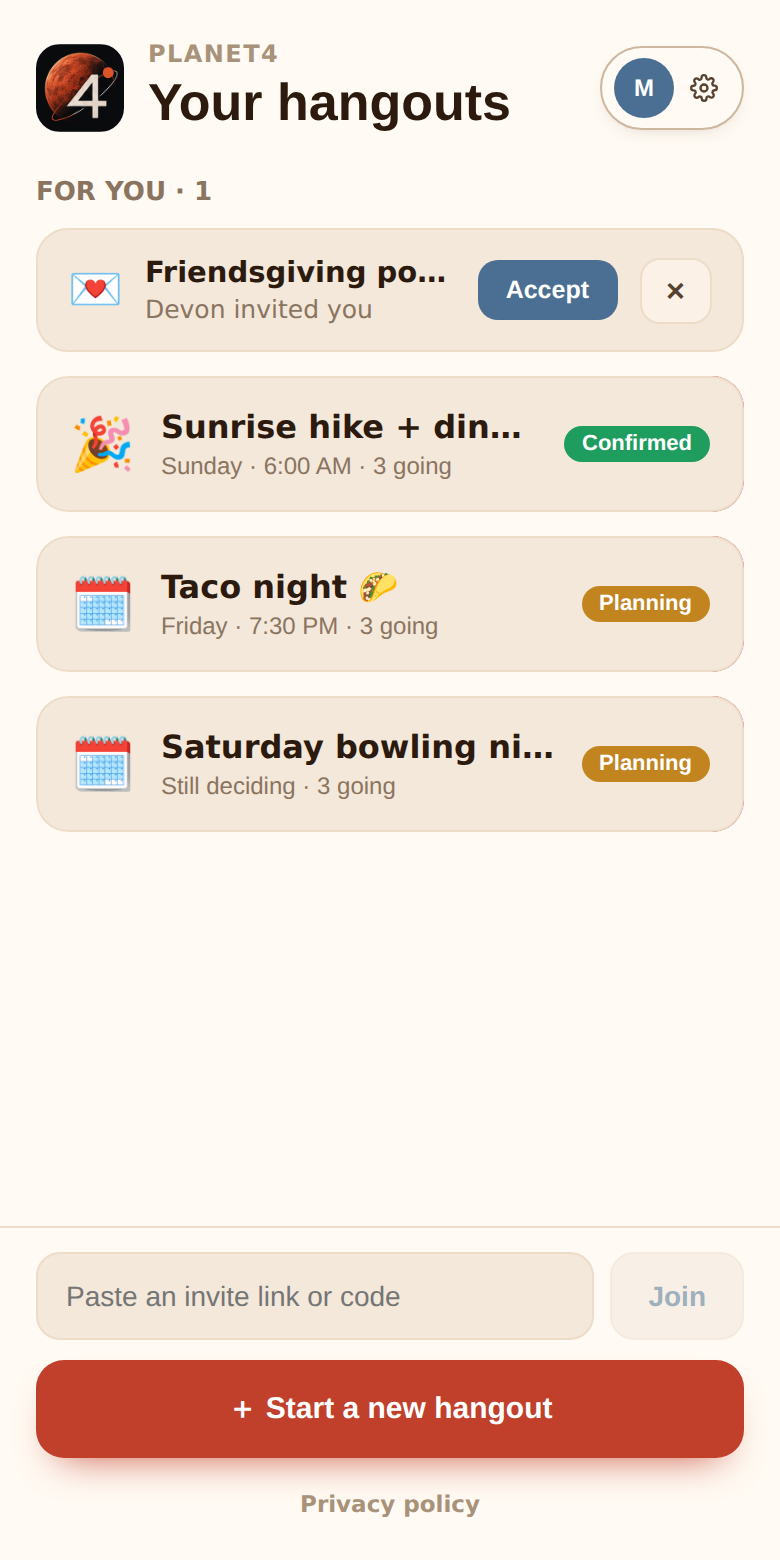 The home screen: a For you invite, three hangouts with Confirmed and Planning pills, the join box and Start a new hangout