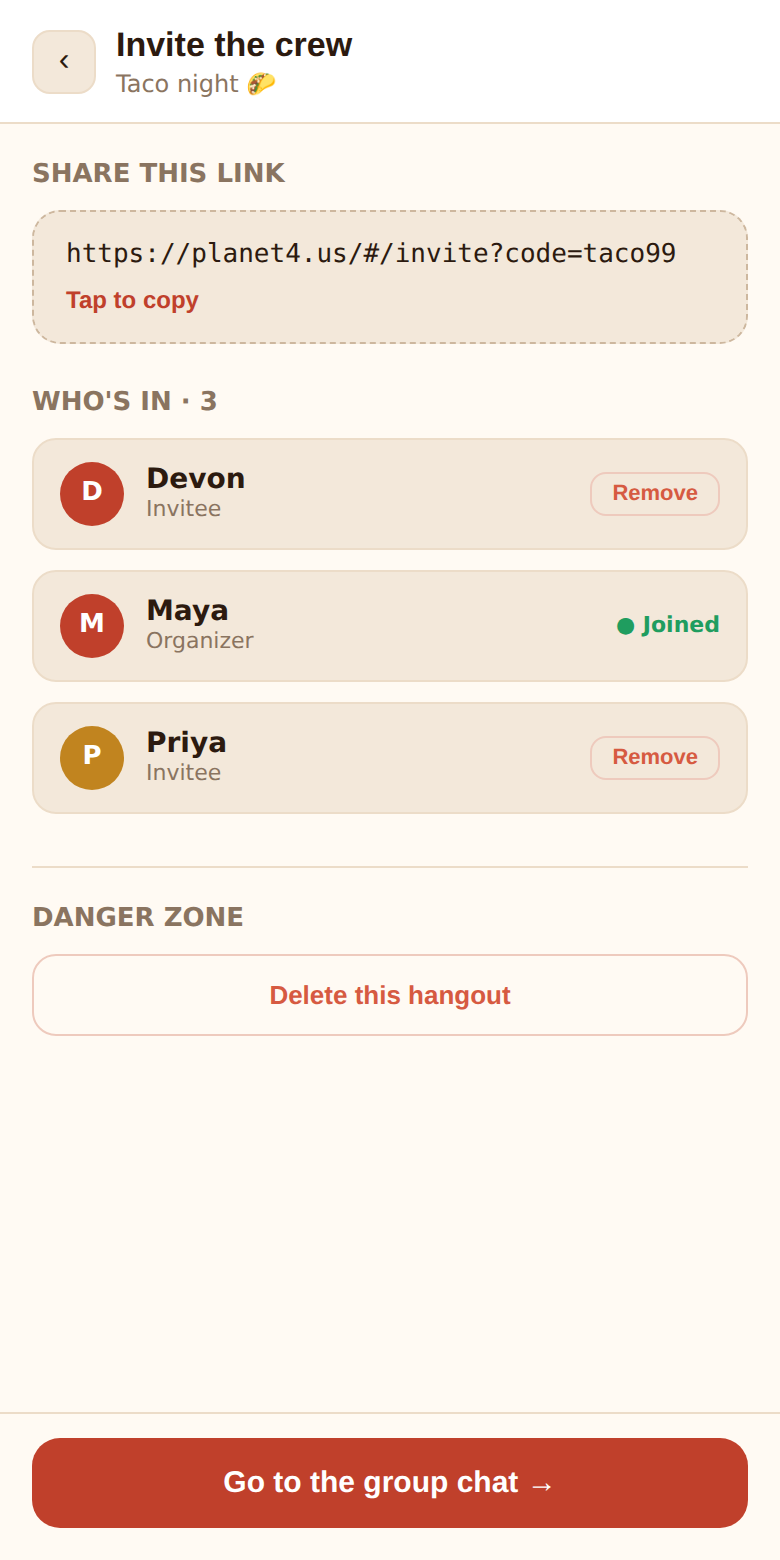 The Invite the crew screen: the shareable link card, the Who's in roster with Remove buttons, and the Danger zone