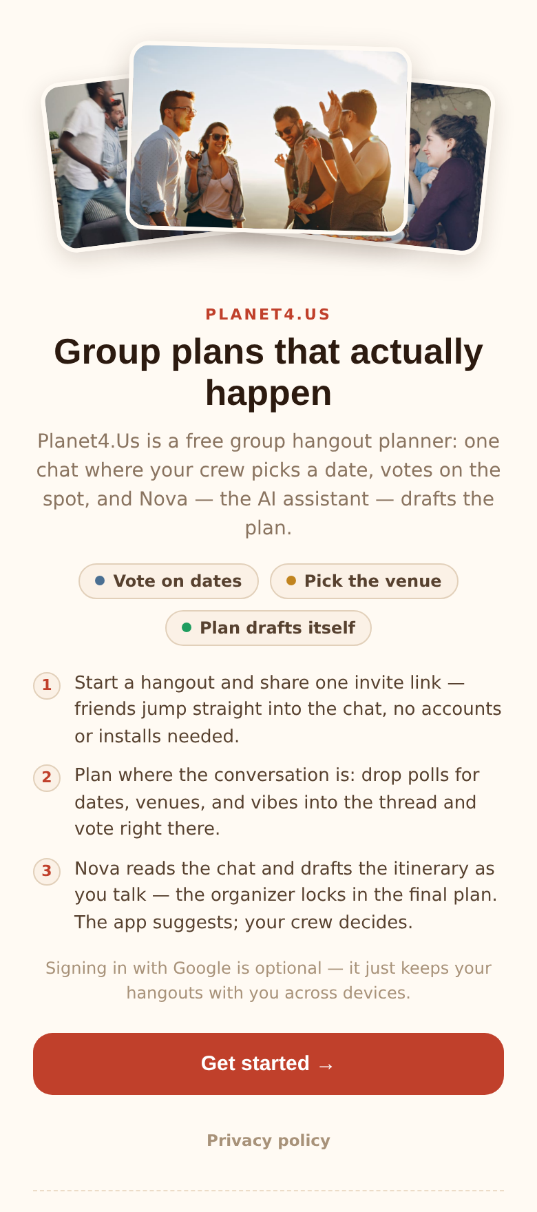 The Planet4 landing page on a phone: Group plans that actually happen, with a Get started button