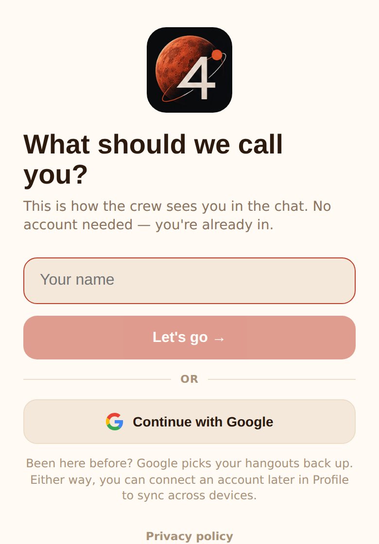 The name prompt: What should we call you? with a name field, Let's go, and Continue with Google