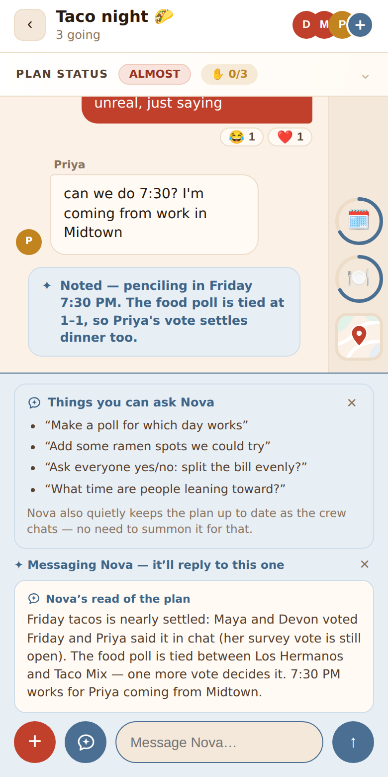 The composer in Nova mode: a tips card, the Messaging Nova banner, Nova's read of the plan, and a Message Nova box