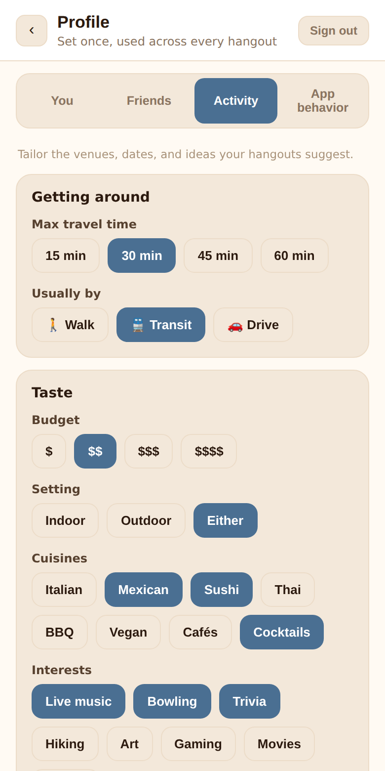 The Activity tab: Max travel time, Usually by, Budget, Setting, Cuisines and Interests chips