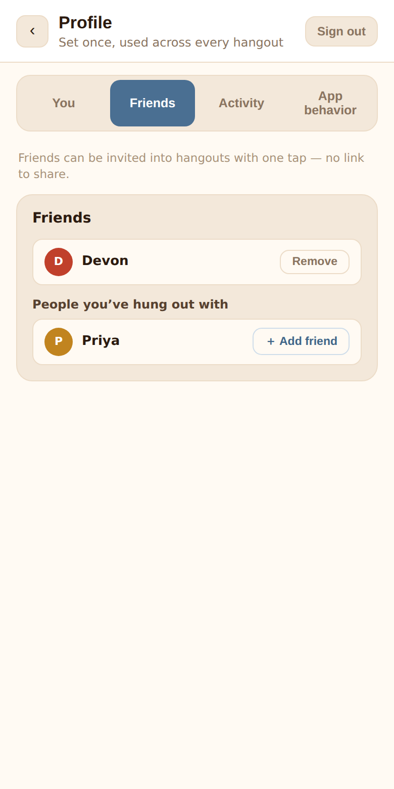 The Friends tab: a friend with a Remove button and People you've hung out with, each with an Add friend button