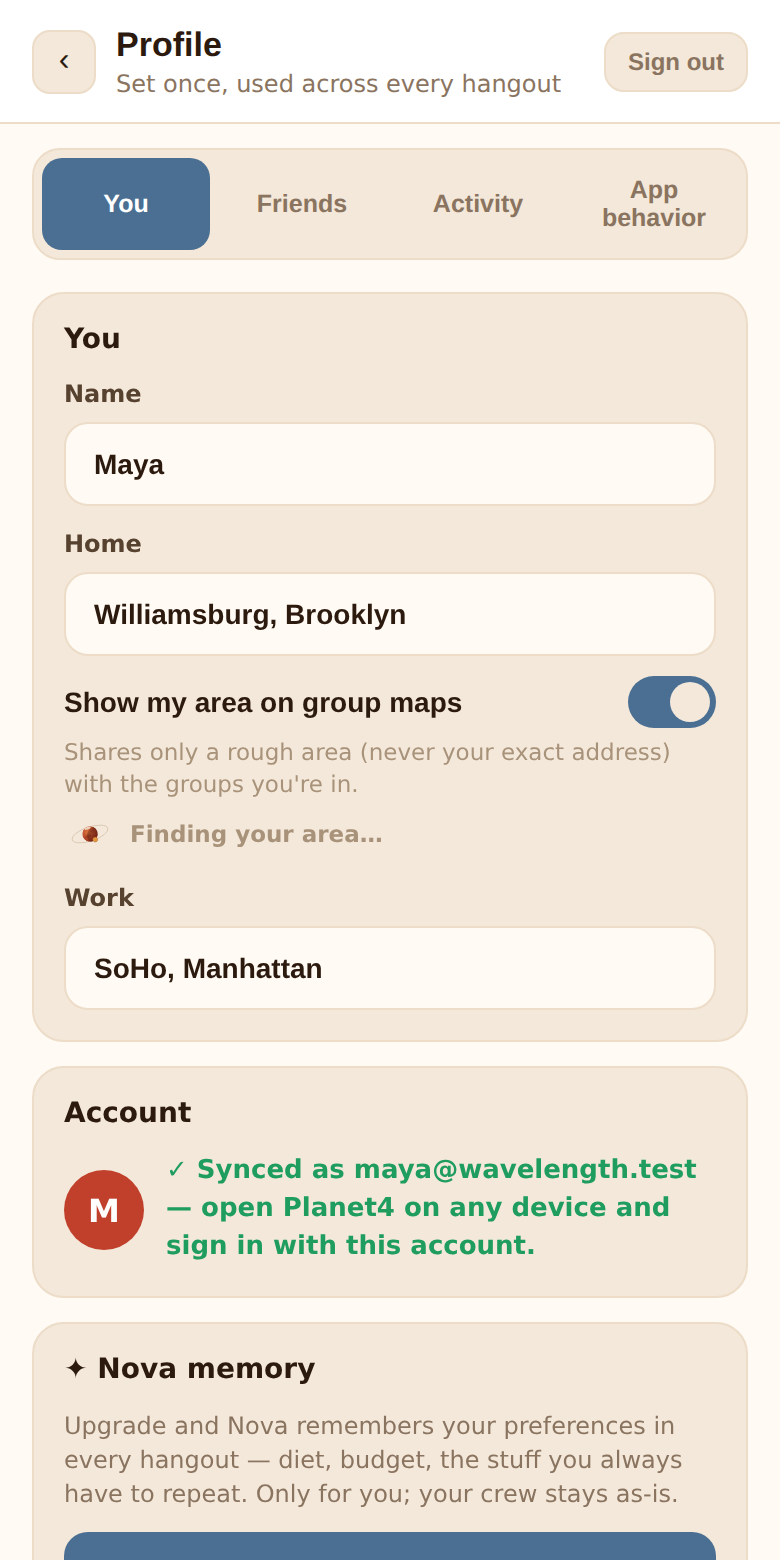 The You tab: Name, Home, the Show my area on group maps toggle, Work, the Account card and Nova memory