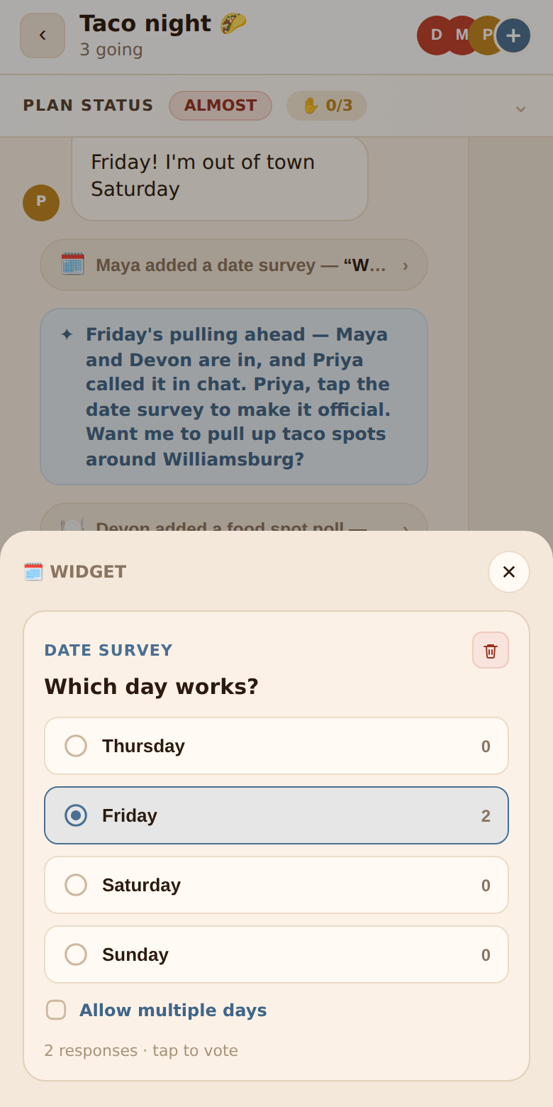 A date survey open in a drawer: Thursday, Friday with two votes, Saturday, Sunday, and an Allow multiple days checkbox
